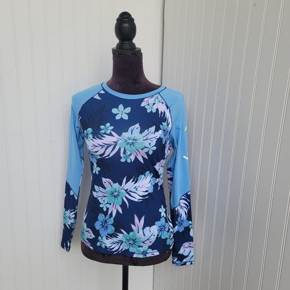 Reel Legends Keep It Cool Woman's Aqua Blue Floral Long Sleeve Stretch Shirt S - Picture 1 of 9